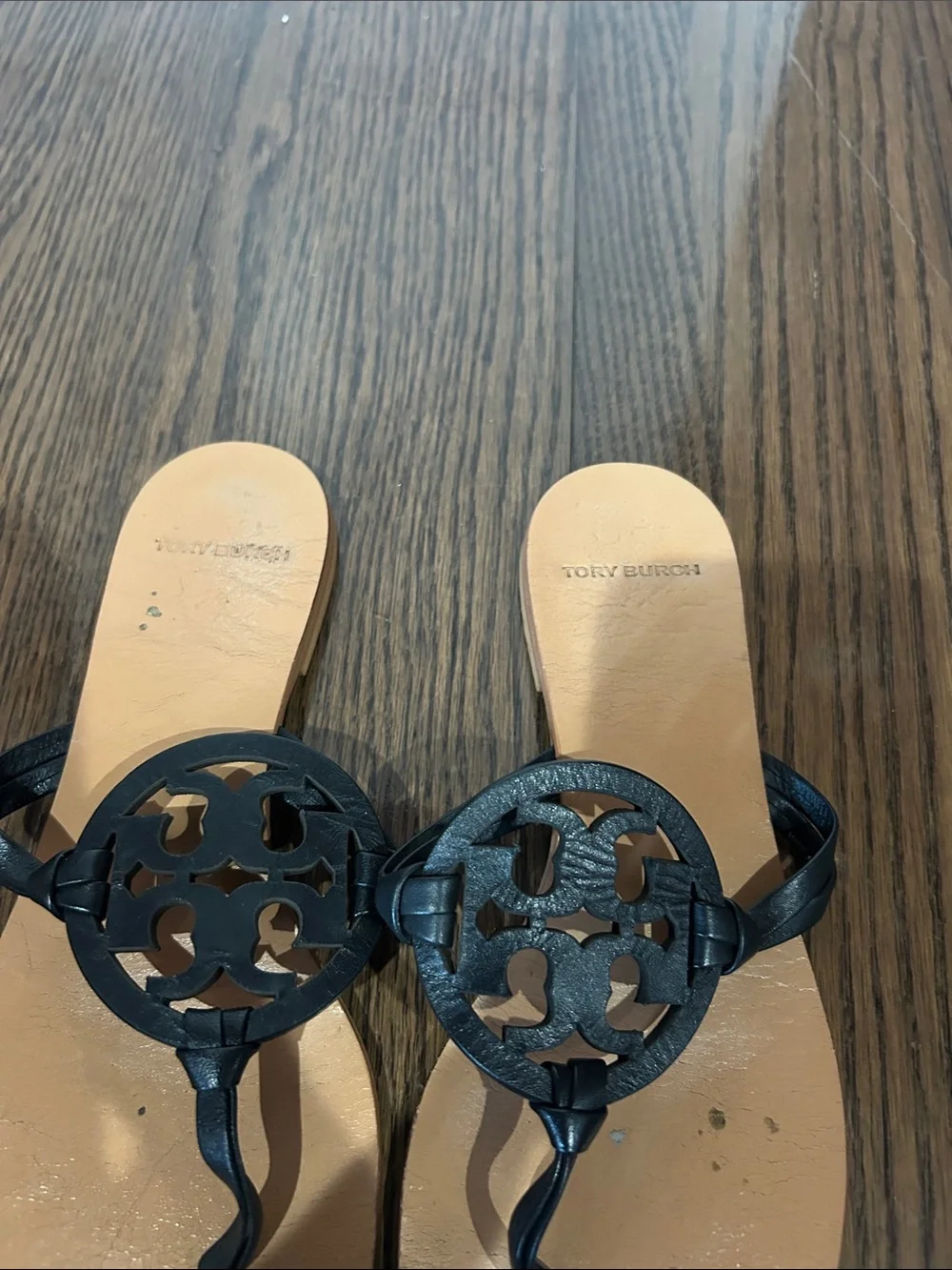 Tory Burch Black Leather Logo Thong Sandals with Natural Footbed